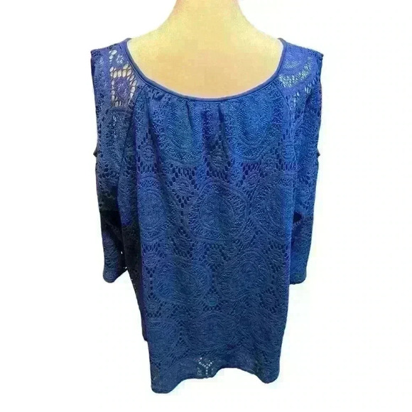 Roz & Ali Women's 3X Cold Shoulder Blouse Blue Lace Design 3/4 Sleeves - Picture 4 of 6